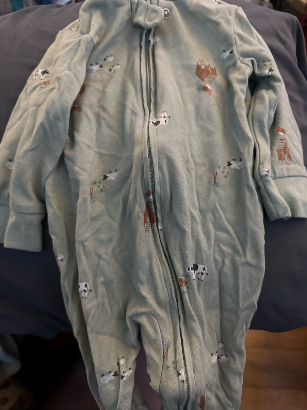 Multiples Sage Green Farm Animal Zip Footed One-Piece